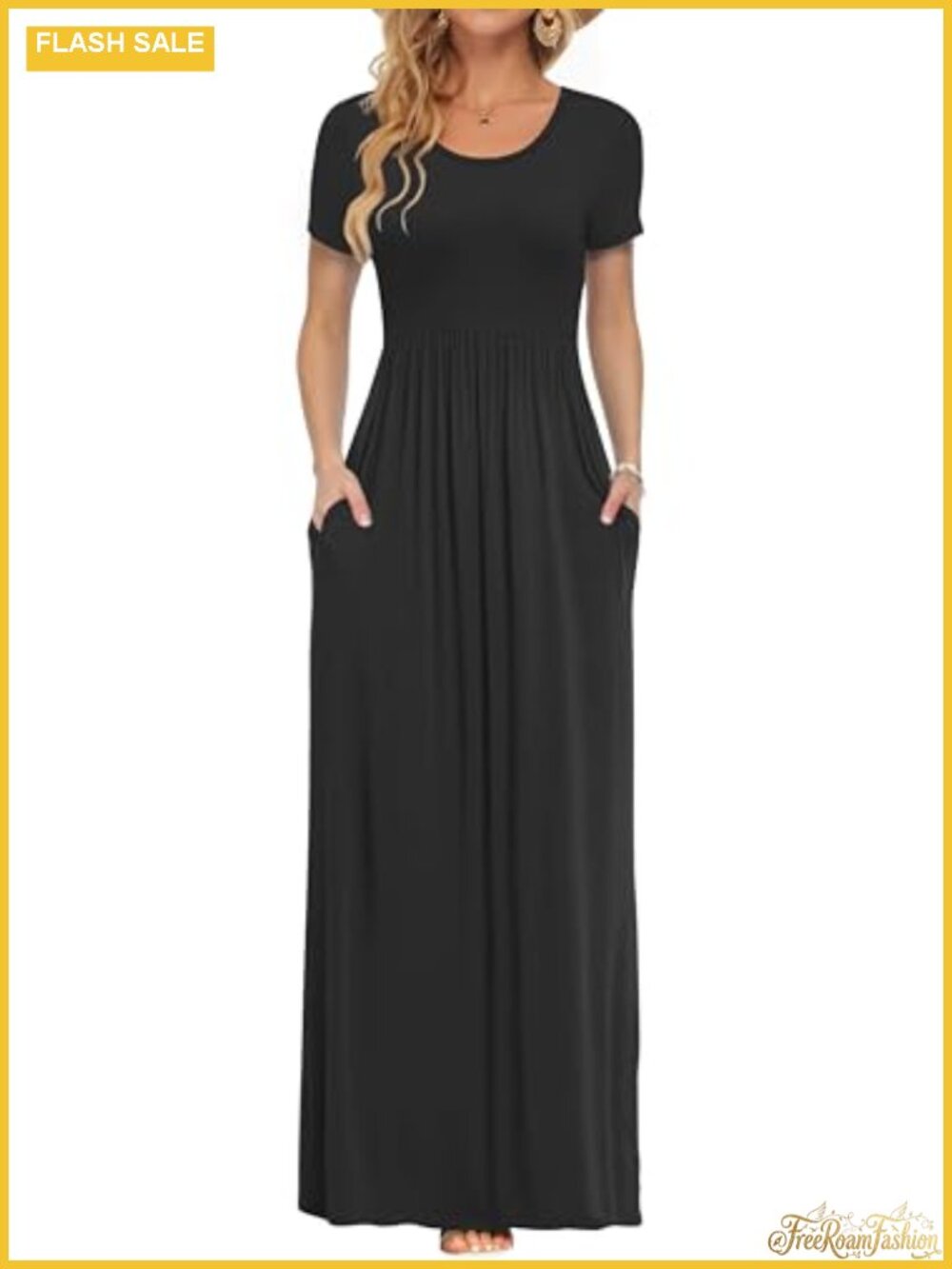 Women's Summer Short Sleeve Loose Plain Casual Long Maxi Dress with Pockets